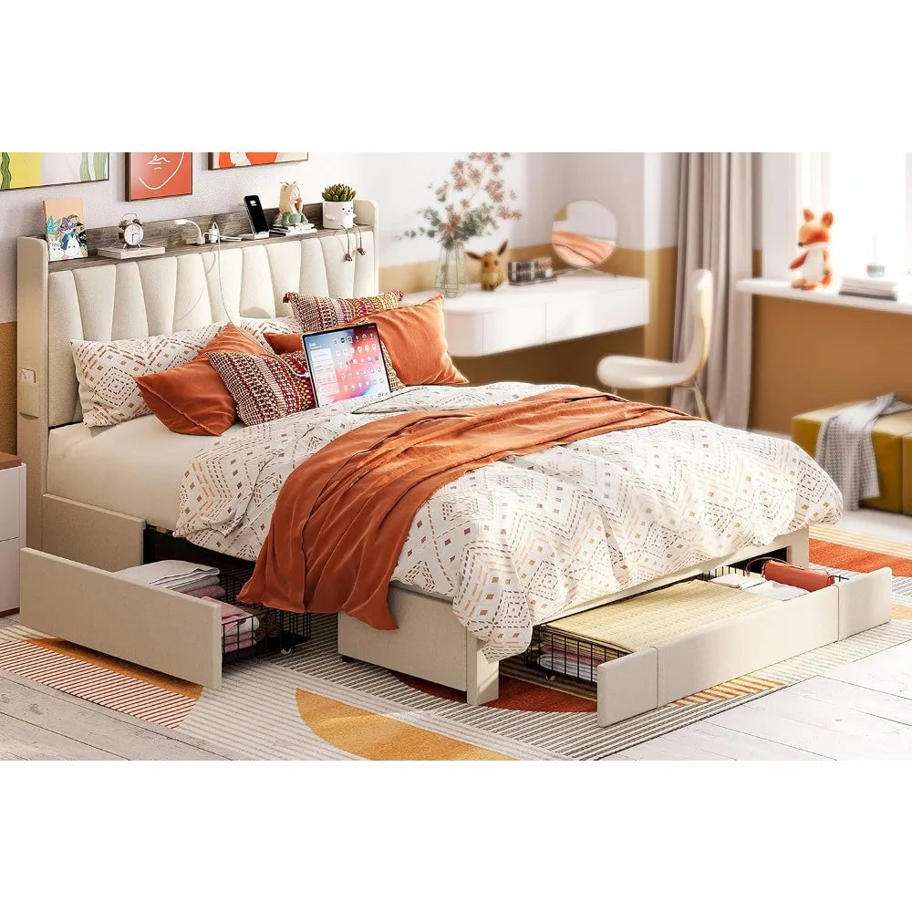 Full Size Upholstered Bed Frame with Storage Headboard, Charging Station & 3 Drawers – No Box Spring Needed, Beige Linen