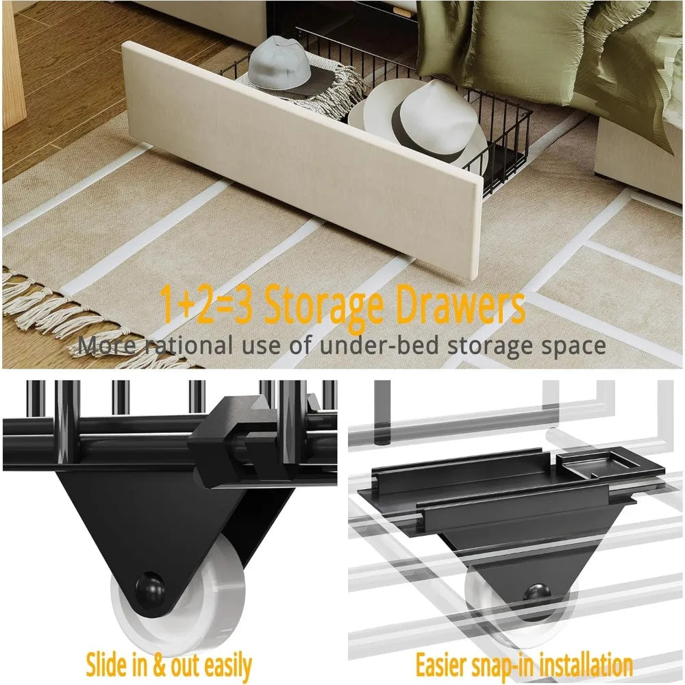 Full Size Upholstered Bed Frame with Storage Headboard, Charging Station & 3 Drawers – No Box Spring Needed, Beige Linen