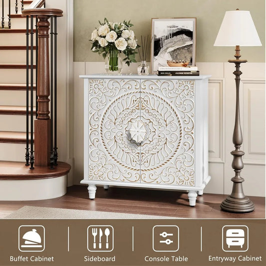 White Accent Cabinet with 2 Doors – Decorative Sideboard Buffet with Carved Floral Pattern, Storage Shelves & Solid Wood Legs