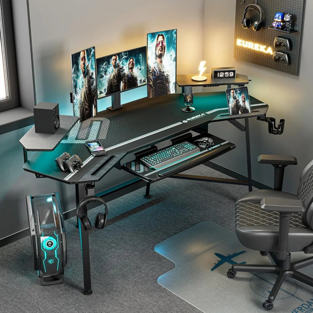 72" Wing-Shaped Gaming Desk with RGB Lights, Monitor Stands, Keyboard Tray & Cup Holder