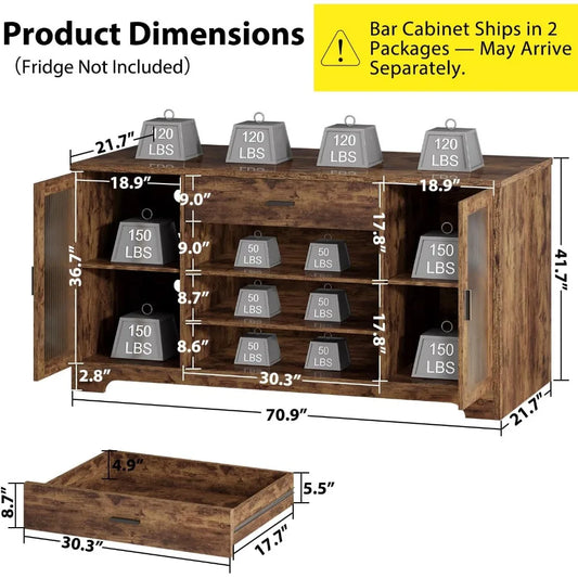 70.9" Farmhouse Bar Cabinet with Fridge Space, Wine Racks & Storage Drawers