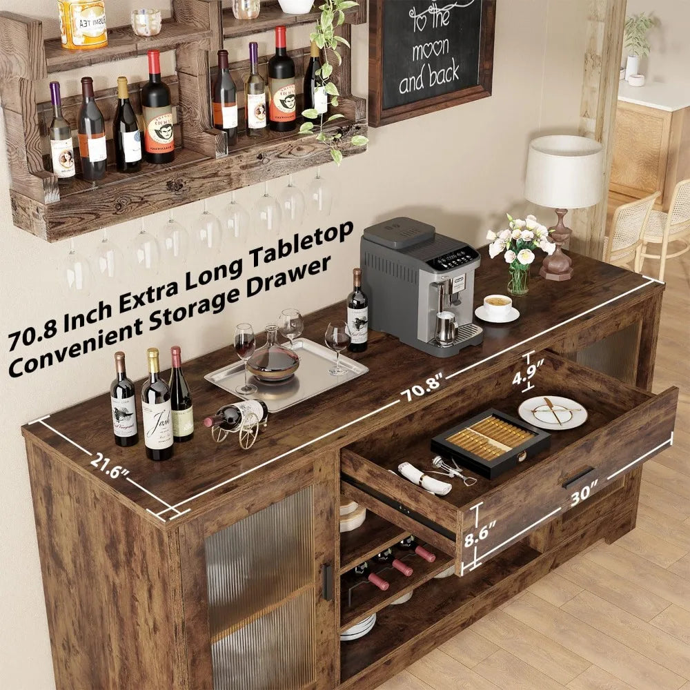 70.9" Farmhouse Bar Cabinet with Fridge Space, Wine Racks & Storage Drawers