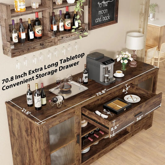 70.9" Farmhouse Bar Cabinet with Fridge Space, Wine Racks & Storage Drawers