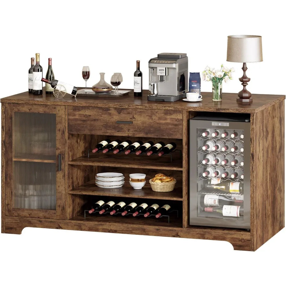 70.9" Farmhouse Bar Cabinet with Fridge Space, Wine Racks & Storage Drawers