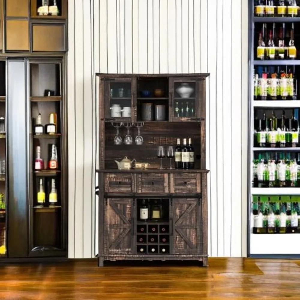 72" Farmhouse Coffee Bar Cabinet with Sliding Barn Door – Buffet Sideboard with Hutch, Wine Glass Rack & 3 Drawers