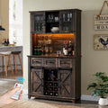 72" Farmhouse Coffee Bar Cabinet with Sliding Barn Door – Buffet Sideboard with Hutch, Wine Glass Rack & 3 Drawers