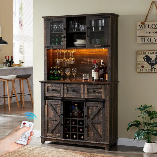 72" Farmhouse Coffee Bar Cabinet with Sliding Barn Door – Buffet Sideboard with Hutch, Wine Glass Rack & 3 Drawers
