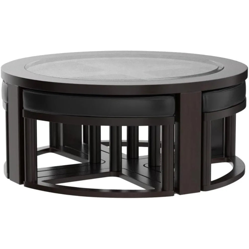 Espresso Round Coffee Table with 4 Hidden Stools – Solid Wood & Glass Top Space-Saving Living Room Set