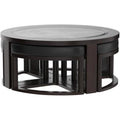 Espresso Round Coffee Table with 4 Hidden Stools – Solid Wood & Glass Top Space-Saving Living Room Set