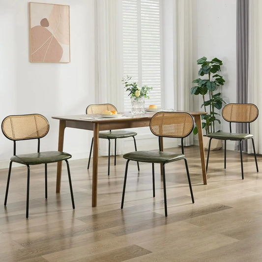 Set of 4 Green Faux Leather & Rattan Mid-Century Dining Chairs – Metal Frame, Boho Chic Design