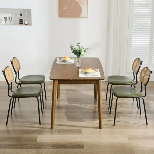 Set of 4 Green Faux Leather & Rattan Mid-Century Dining Chairs – Metal Frame, Boho Chic Design