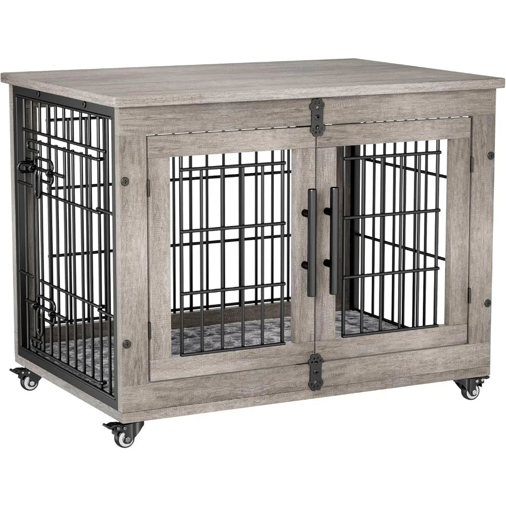 32" Wooden Dog Crate Furniture for Medium Dogs – Indoor Kennel with Cushion, Wheels & Double Doors, End Table Pet Cage