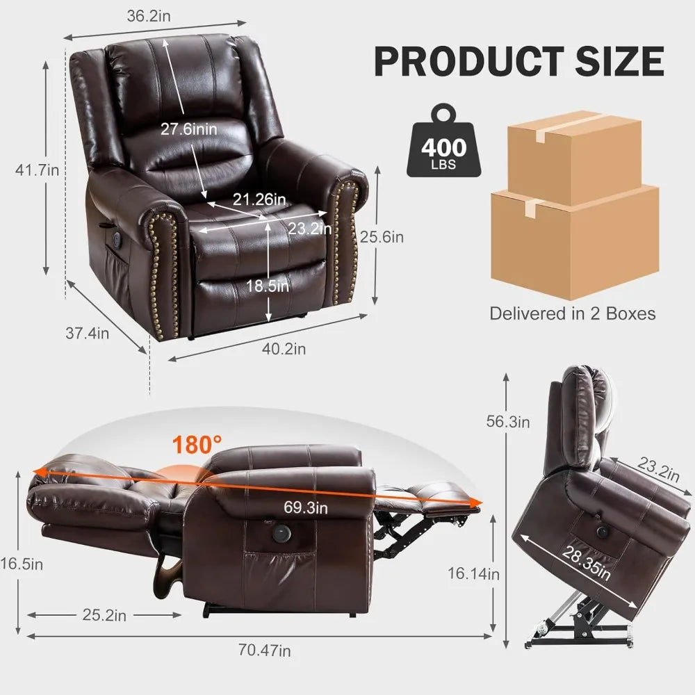 Dual Motor Lay Flat Power Lift Recliner Chair with Massage & Heat – Infinite Position Sleeper Chair for Elderly, Faux Leather, Remote Control, USB, Side Pocket