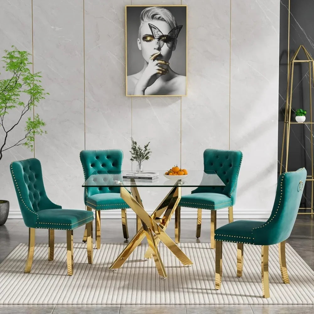 5-Piece Glass Dining Table Set – 35" Square Table with Velvet Upholstered Chairs, Gold Frame, Modern Dining Room Set for 4