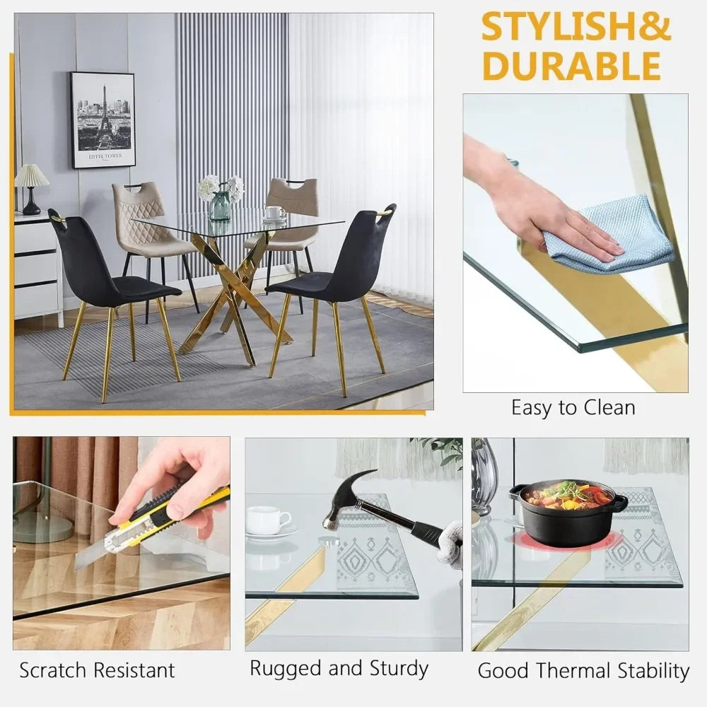 5-Piece Glass Dining Table Set – 35" Square Table with Velvet Upholstered Chairs, Gold Frame, Modern Dining Room Set for 4