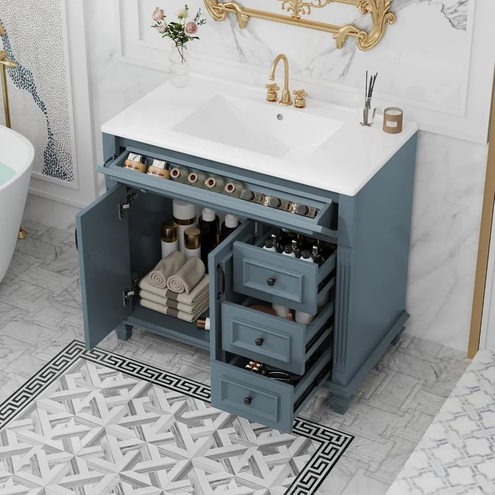 36" Solid Wood Bathroom Vanity with Sink – Modern Floor Cabinet with Drawers, Adjustable Shelf & Soft-Close Storage