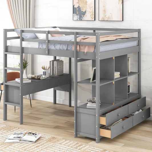 Full Size Loft Bed with Desk, Bookshelf & Drawers – Solid Wood Loft Frame for Kids or Teens, Grey