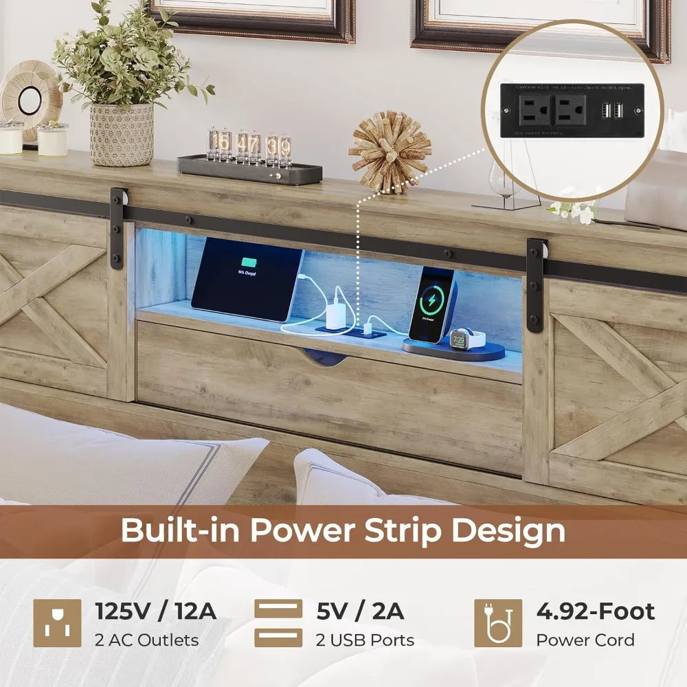 King Size Farmhouse Bed Frame with LED Headboard, Charging Station & Storage Drawers – Rustic Wood Platform Bed with Sliding Barn Doors