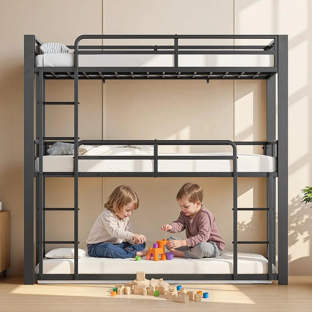 Durable triple-tier metal bunk bed with ladder. Ideal for families, apartments, or shared bedrooms. Easy assembly and no box spring required.