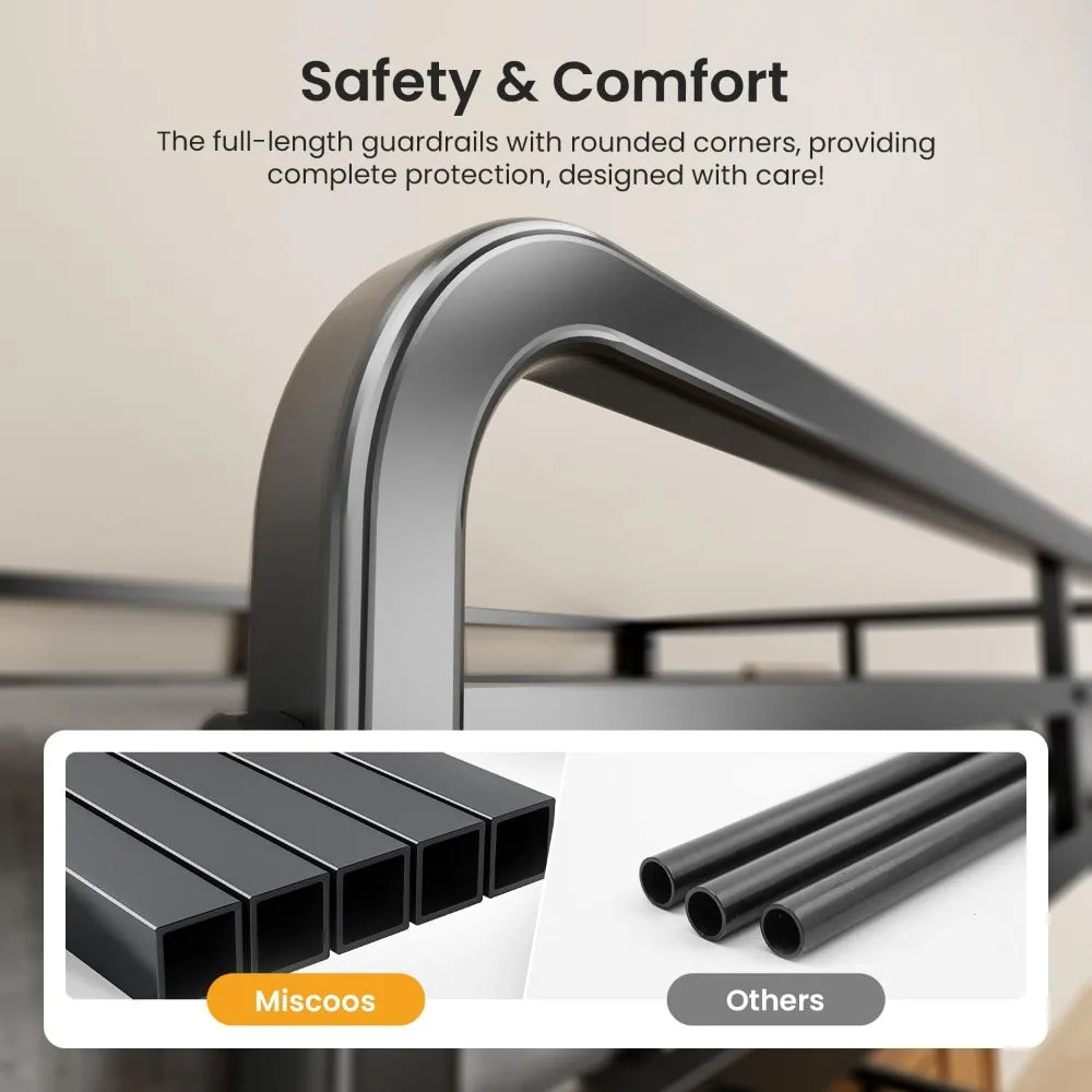 Durable triple-tier metal bunk bed with ladder. Ideal for families, apartments, or shared bedrooms. Easy assembly and no box spring required.