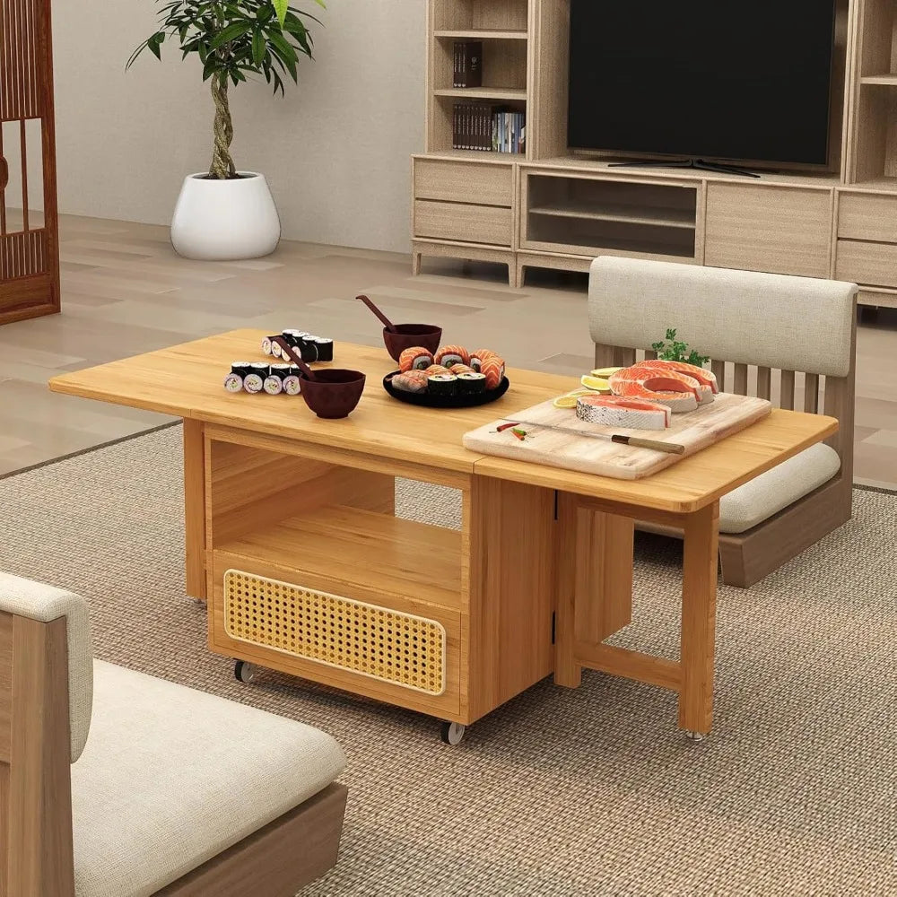 Japanese Tatami Floor Table with Drawer – Bamboo Folding Table for Living Room or Dining Area, No Assembly Needed