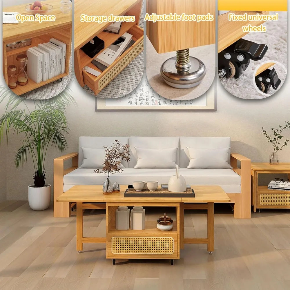 Japanese Tatami Floor Table with Drawer – Bamboo Folding Table for Living Room or Dining Area, No Assembly Needed