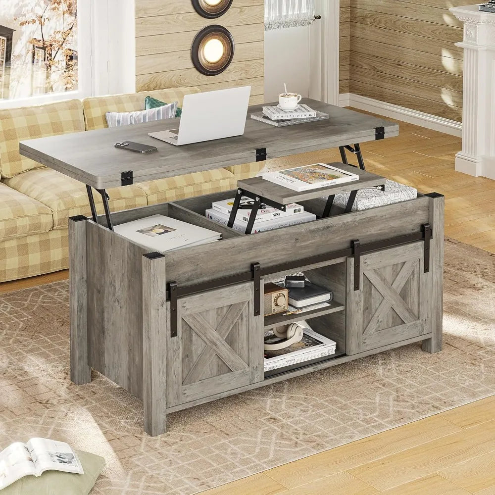 4-in-1 Lift Top Farmhouse Coffee Table – Convertible Storage Table with Sliding Doors & Hidden Compartments