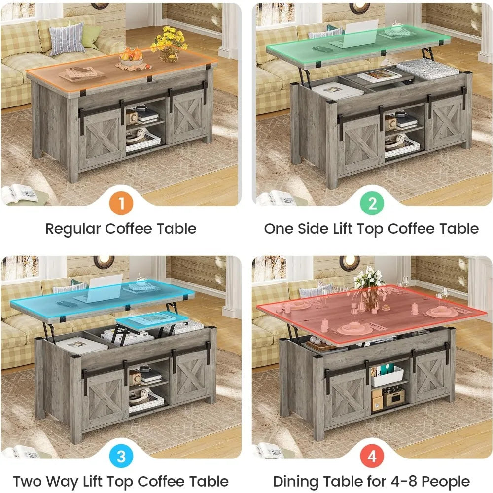 4-in-1 Lift Top Farmhouse Coffee Table – Convertible Storage Table with Sliding Doors & Hidden Compartments
