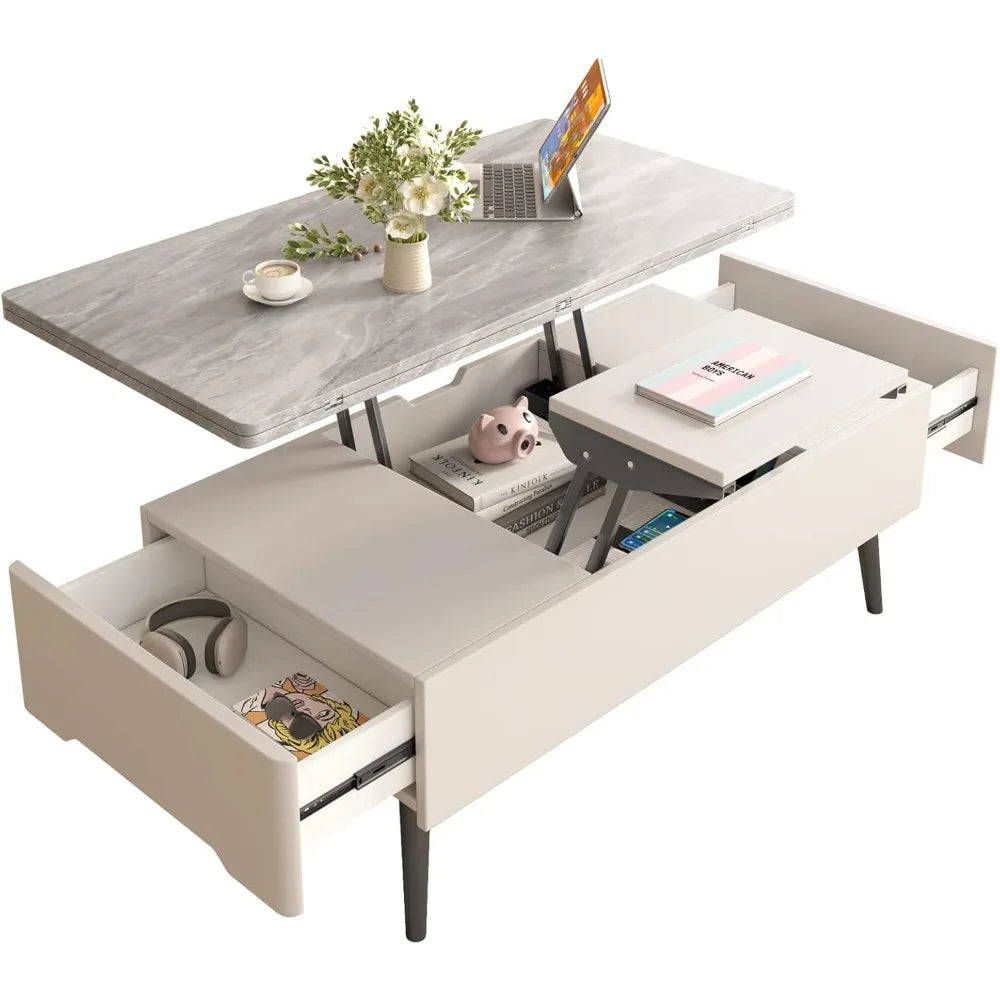 3-in-1 Lift Top Extendable Coffee Table – Hidden Storage, Dining + Workstation in One, Modern White & Grey Center Table