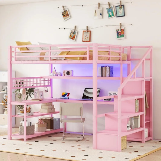 Full Size Loft Bed with Desk, Storage Staircase & Charging Station – Heavy-Duty Metal Frame with LED Lights & Cabinet, Space-Saving Modern Design