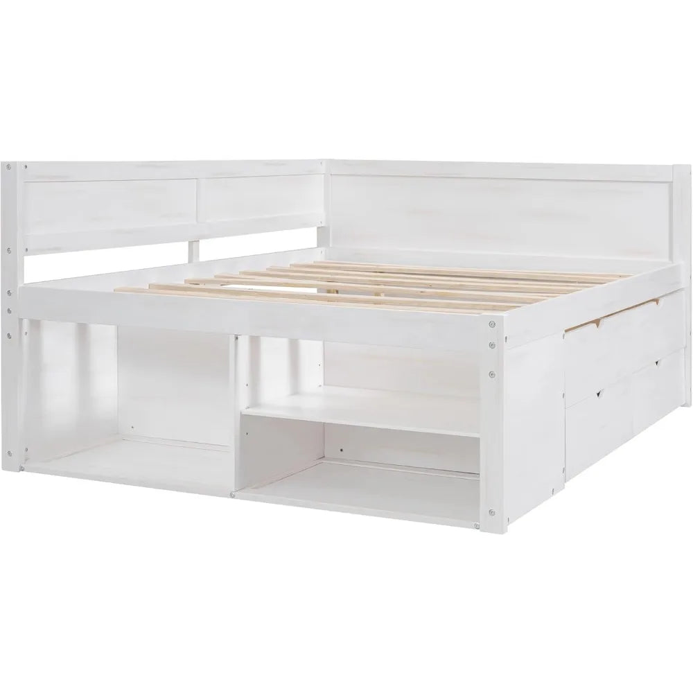 Full Size Daybed with Storage Drawers & Shelves – Solid Wood Sofa Bed Frame for Kids, Teens, or Guest Room (White)