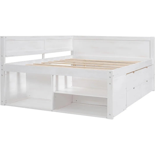 Full Size Daybed with Storage Drawers & Shelves – Solid Wood Sofa Bed Frame for Kids, Teens, or Guest Room (White)