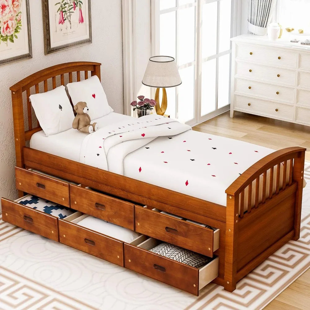 Twin Platform Bed with 6 Storage Drawers – Solid Wood Frame, No Box Spring Needed, Walnut Finish