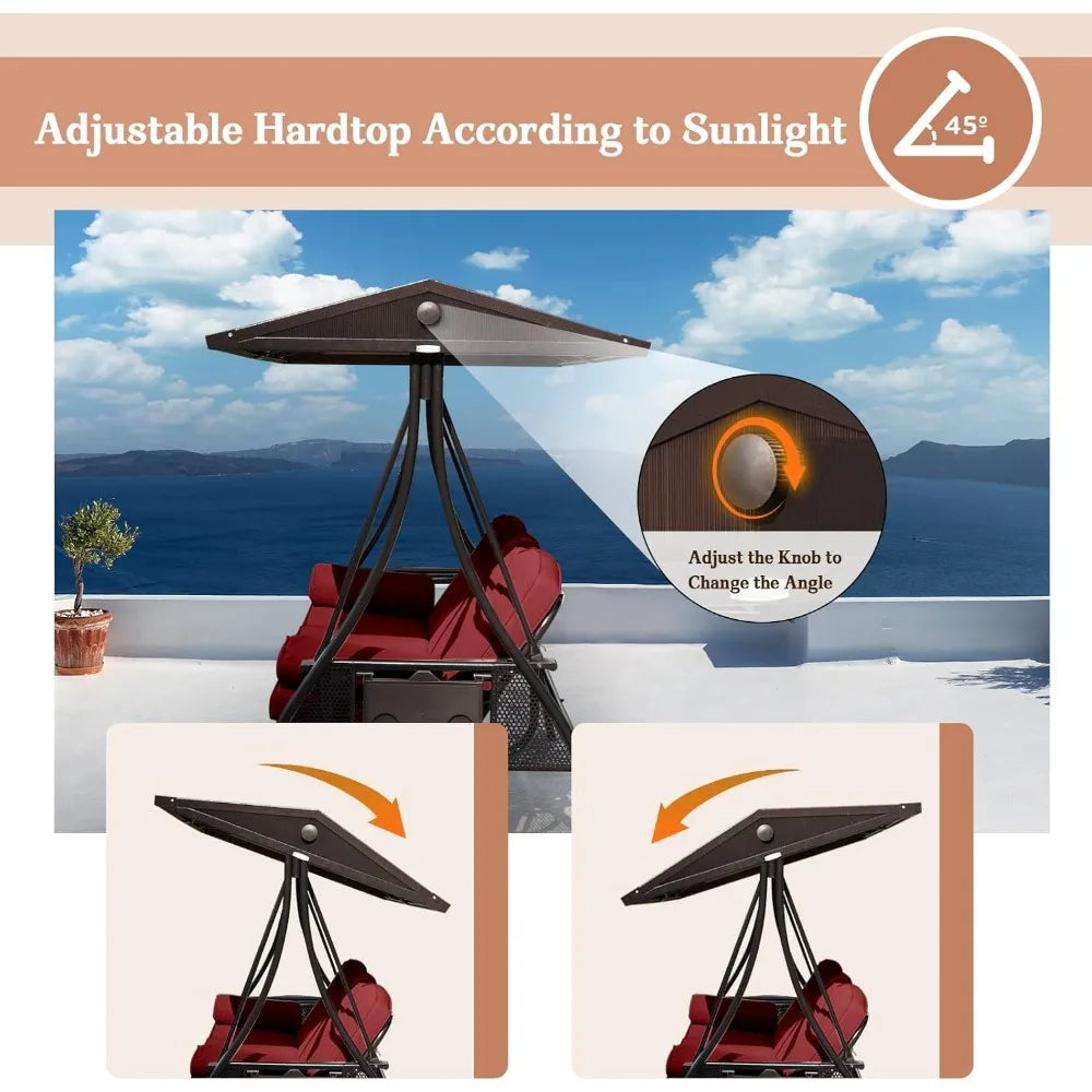3-Seat Wine Red Outdoor Swing with Adjustable Roof & Cup Holders – Convertible Patio Swing Bed with Cushions & Metal Frame