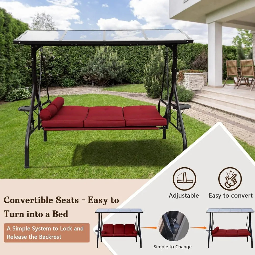 3-Seat Wine Red Outdoor Swing with Adjustable Roof & Cup Holders – Convertible Patio Swing Bed with Cushions & Metal Frame