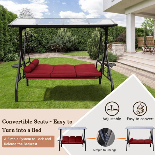 3-Seat Wine Red Outdoor Swing with Adjustable Roof & Cup Holders – Convertible Patio Swing Bed with Cushions & Metal Frame