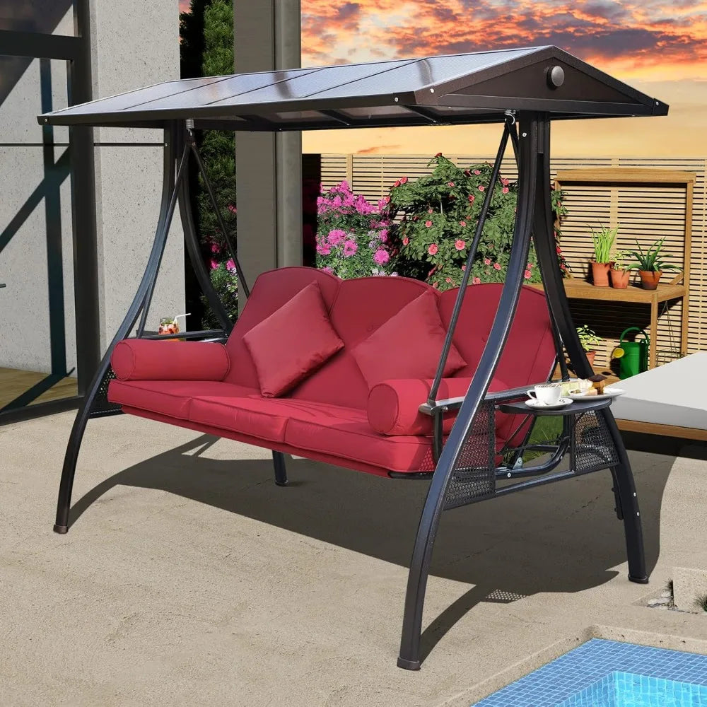 3-Seat Wine Red Outdoor Swing with Adjustable Roof & Cup Holders – Convertible Patio Swing Bed with Cushions & Metal Frame