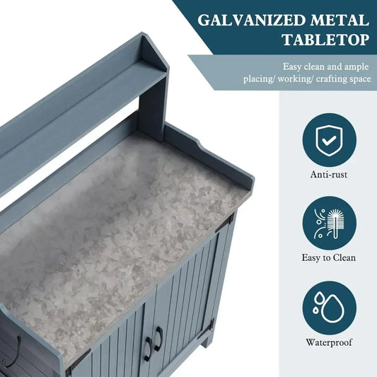 Wooden Potting Bench Table with Galvanized Metal Top – Outdoor Gardening Workstation with Storage Cabinet, Hooks & Shelves