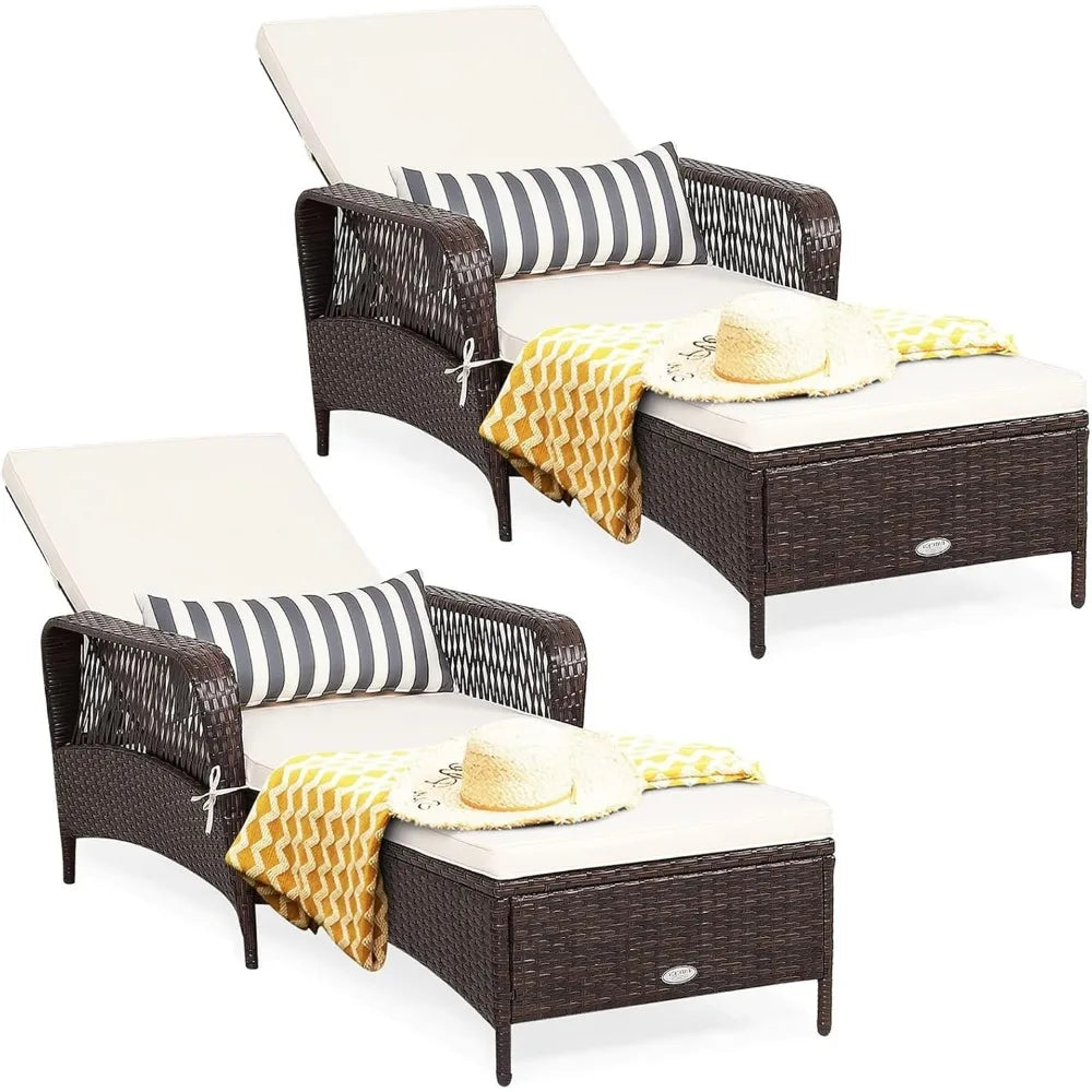 2-Piece Outdoor PE Rattan Chaise Lounge Chairs – Adjustable Recliners with Cushions & Pillows