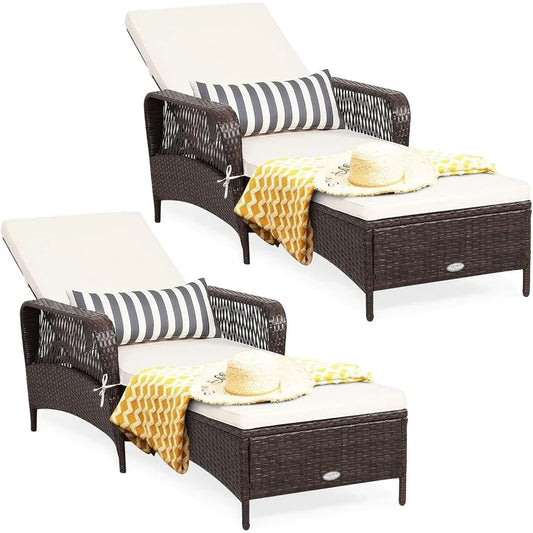 2-Piece Outdoor PE Rattan Chaise Lounge Chairs – Adjustable Recliners with Cushions & Pillows