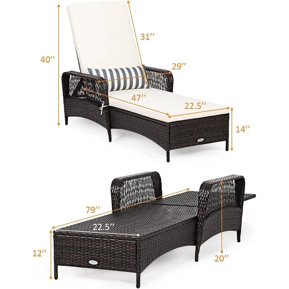 2-Piece Outdoor PE Rattan Chaise Lounge Chairs – Adjustable Recliners with Cushions & Pillows