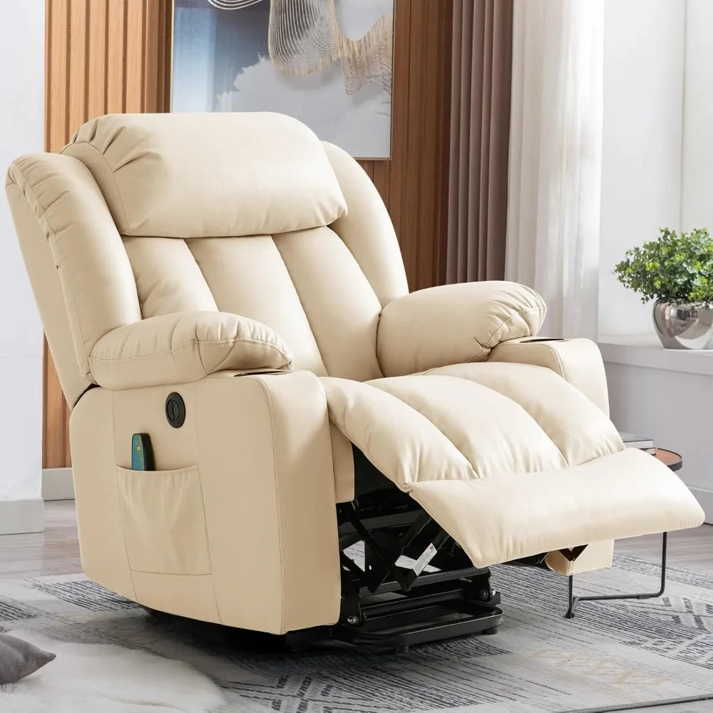 Power Lift Recliner Chair for Elderly with Massage & Heat – Leather Electric Recliner with USB, Cup Holders & Remote, 350 lb Capacity
