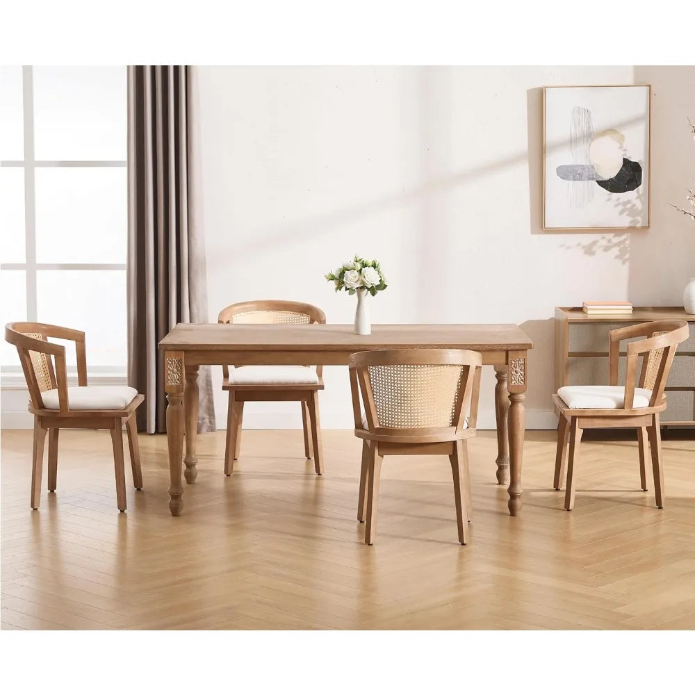 Mid-Century Modern Rattan Dining Chairs Set of 4 – Wooden Farmhouse Cane Back Chairs with Beige Linen Upholstery