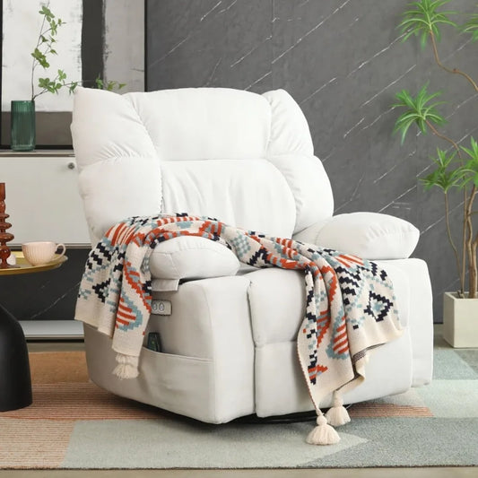 Heated Swivel Recliner Chair with Massage & USB/USB-C, Power Rocking Recliner for Adults, Chenille Upholstery – White