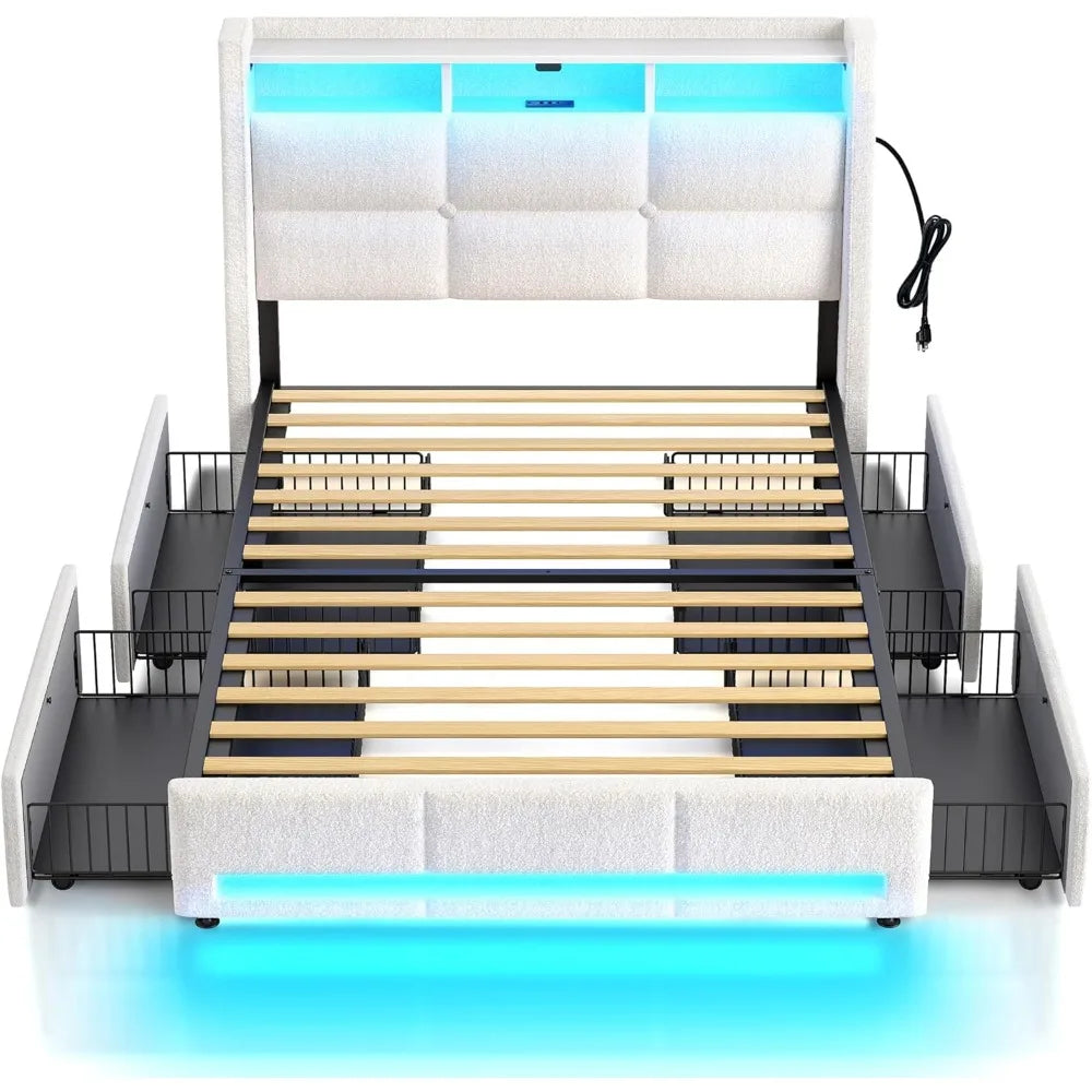 Twin Size Upholstered Bed Frame with LED Lights, Charging Station & Storage Drawers – White Lambswool Platform Bed, No Box Spring Needed