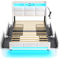Twin Size Upholstered Bed Frame with LED Lights, Charging Station & Storage Drawers – White Lambswool Platform Bed, No Box Spring Needed