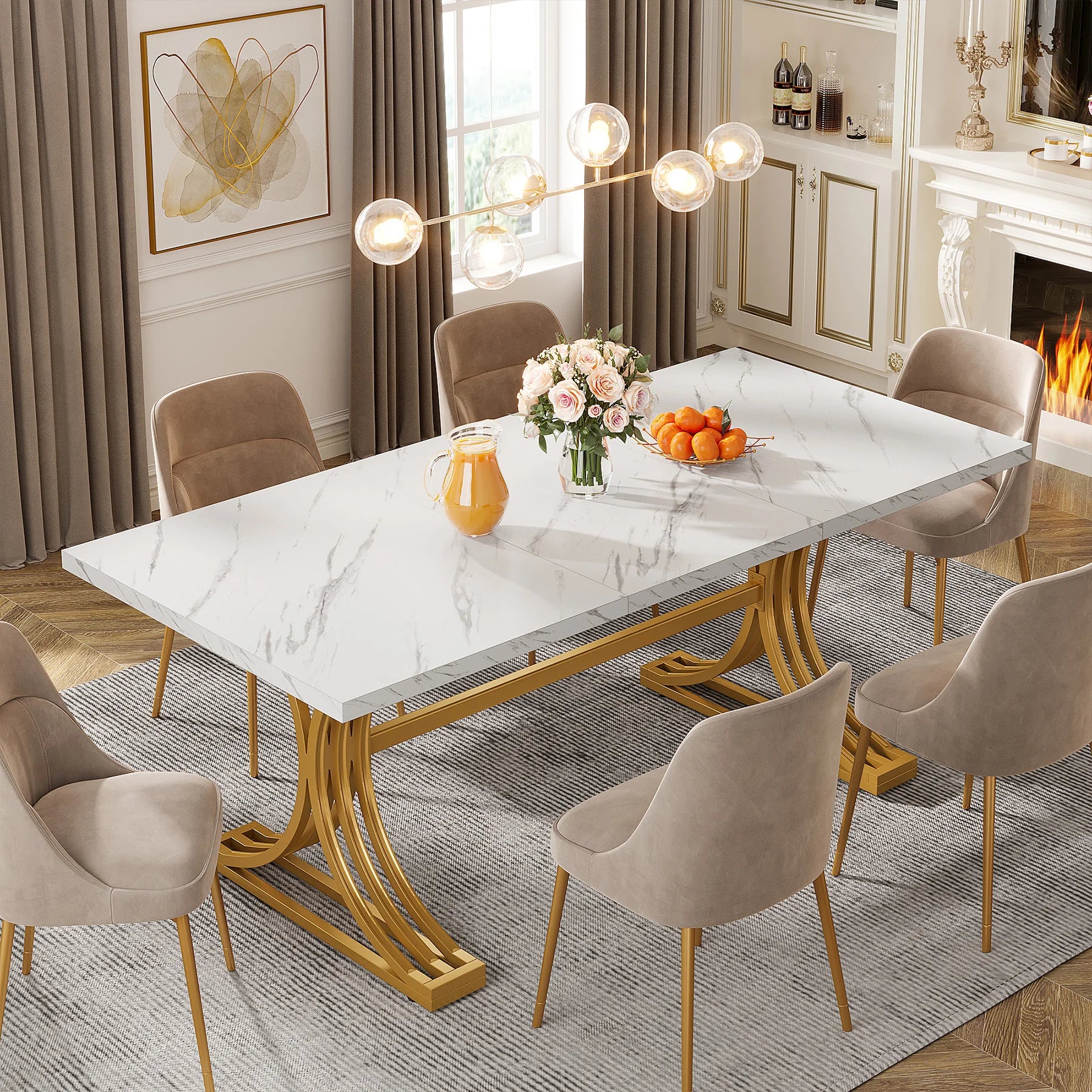 Elegant White Dining Table with Faux Marble Top – Modern Rectangular Table for 4 to 6 People with Gold Metal Legs