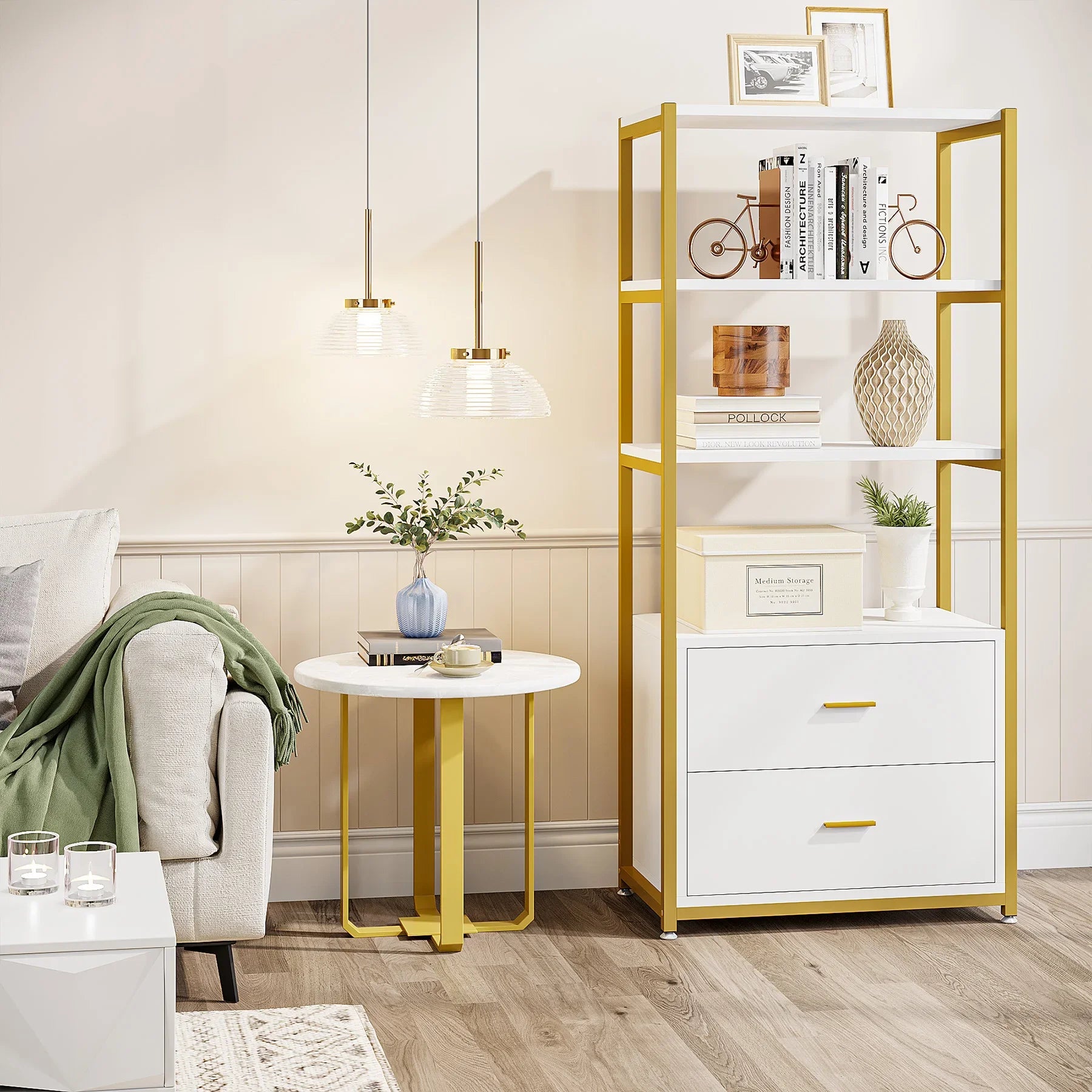 Bookshelf with 2 Drawers – Modern Gold & White Storage Shelf for Home Office or Living Room