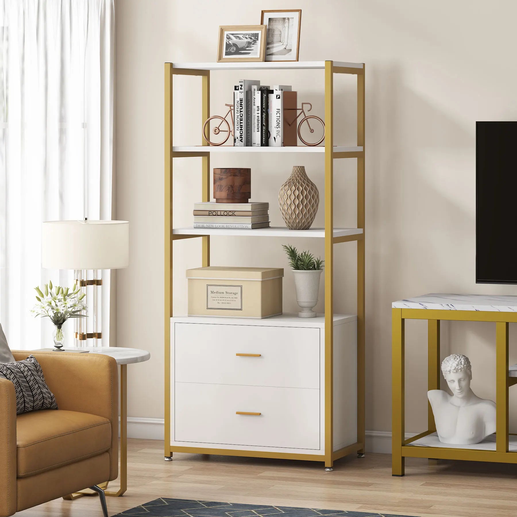 Bookshelf with 2 Drawers – Modern Gold & White Storage Shelf for Home Office or Living Room