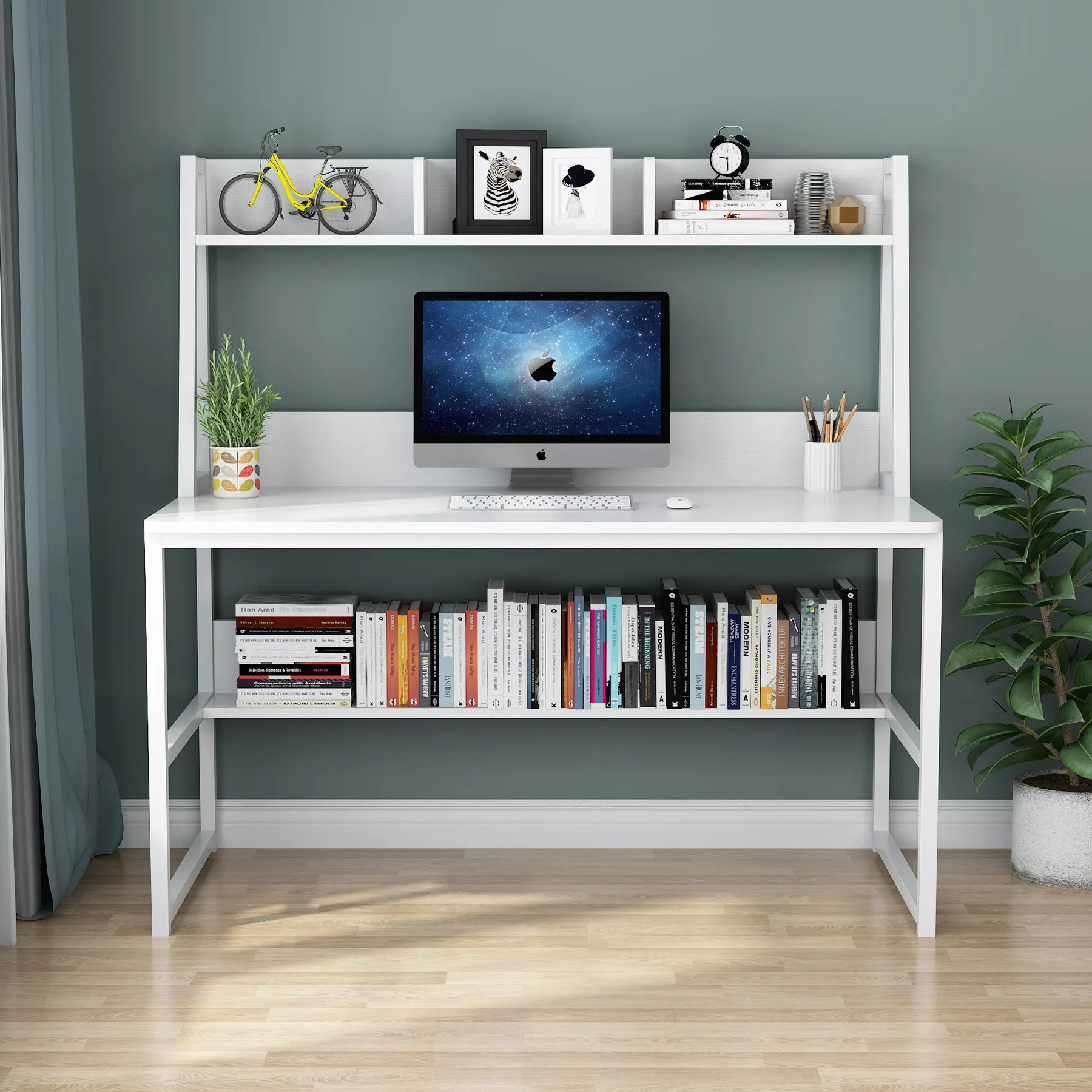 A smart desk-hutch combo that maximizes vertical space, offering ample room for work and storage — perfect for small apartments or tight home office setups.